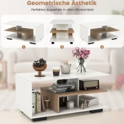Sofabord med opbevaring & L-formet midterhylde rektangulært stuebord accent bord hvid