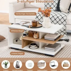 Sofabord med opbevaring & L-formet midterhylde rektangulært stuebord accent bord hvid
