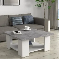 Sofabord PILVI - Hvid og lys beton - Moderne - L 67 x P 67 x H 31 cm Vit/ljusgrå betongoptik