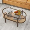 Sofabord sidebord med glasbordplade & rattanhylde 102 x 56 x 47 cm brun