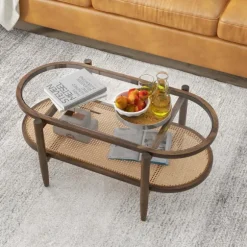 Sofabord sidebord med glasbordplade & rattanhylde 102 x 56 x 47 cm brun
