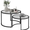 Sofabord Sæt Af 2, Sidebord Med Sort Stålstel, Sofabord, Sofabord Med Hærdet Glas Bordplade, Delvis Stabelbar
