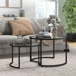 Sofabord Sæt Af 2, Sidebord Med Sort Stålstel, Sofabord, Sofabord Med Hærdet Glas Bordplade, Delvis Stabelbar