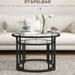 Sofabord Sæt Af 2, Sidebord Med Sort Stålstel, Sofabord, Sofabord Med Hærdet Glas Bordplade, Delvis Stabelbar