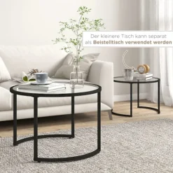 Sofabord Sæt Af 2, Sidebord Med Sort Stålstel, Sofabord, Sofabord Med Hærdet Glas Bordplade, Delvis Stabelbar