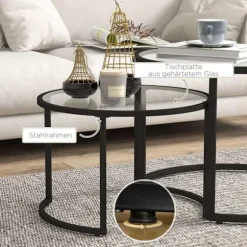 Sofabord Sæt Af 2, Sidebord Med Sort Stålstel, Sofabord, Sofabord Med Hærdet Glas Bordplade, Delvis Stabelbar