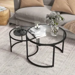 Sofabord Sæt Af 2, Sidebord Med Sort Stålstel, Sofabord, Sofabord Med Hærdet Glas Bordplade, Delvis Stabelbar