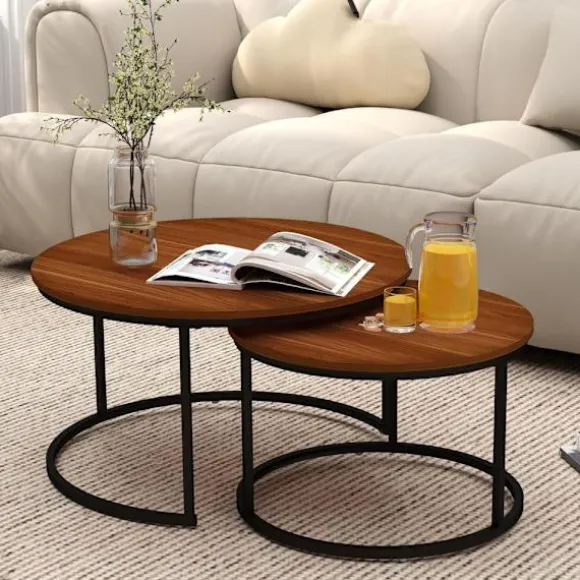 Sofabordssæt 2 stk runde 60/40 cm laminat-MDF sort metal