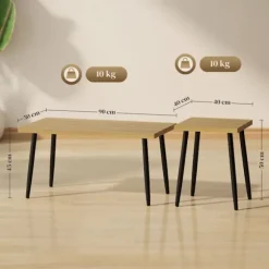 Sofabordsæt med 2 sideborde med stålstel, stuebord, sofabord til stue, soveværelse, naturlig Aosom