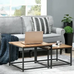 Sofabordsæt Med 2 Sideborde I Industrielt Design, Stuebord Med Trælook, Stål, Natur