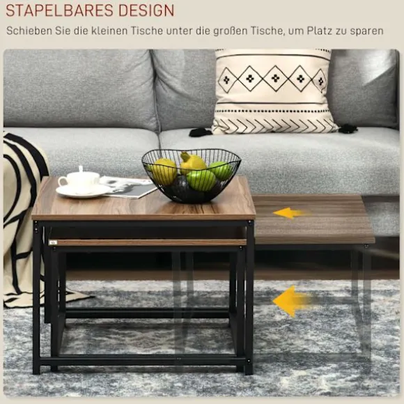 Sofabordsæt Med 2 Sideborde I Industrielt Design, Stuebord Med Trælook, Stål, Natur
