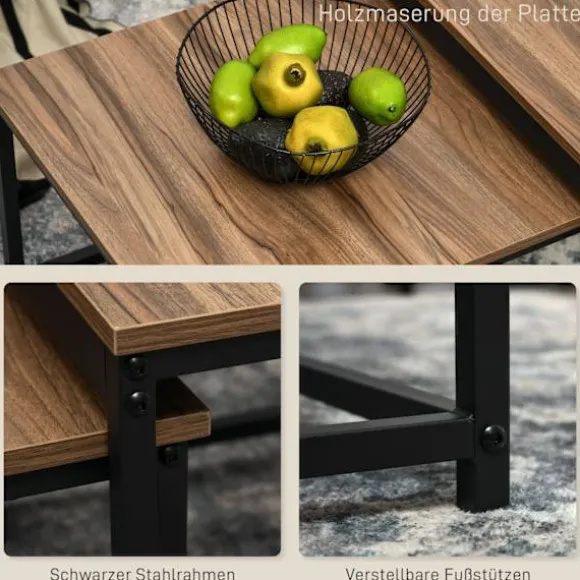 Sofabordsæt Med 2 Sideborde I Industrielt Design, Stuebord Med Trælook, Stål, Natur