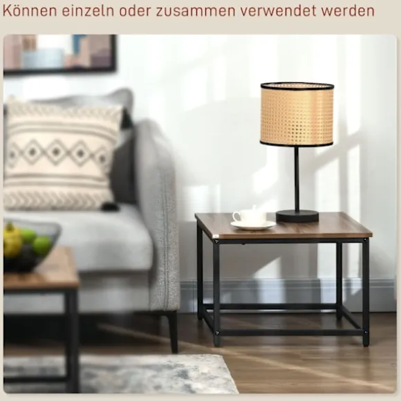 Sofabordsæt Med 2 Sideborde I Industrielt Design, Stuebord Med Trælook, Stål, Natur