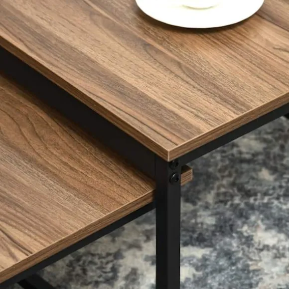 Sofabordsæt Med 2 Sideborde I Industrielt Design, Stuebord Med Trælook, Stål, Natur