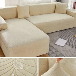 Sofaovertræk - Tyk jacquard - Beige - 3-personers sofa - Helpræget støvtæt overtræk - Unikt stykke