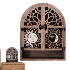 Sol Måne Krystal Display Stand 4 Hylder Naturlig Træhylde Gotisk Hekset Krystal Display Case til