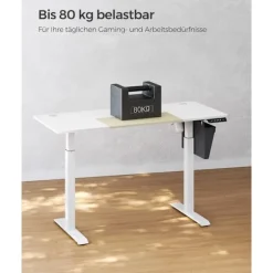 SONGMICS Højdejusterbart elektrisk skrivebord, hukommelsesfunktion med 4 højder, base hvid/beige