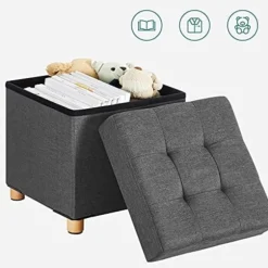 Songmics Sammenklappelig Cube Ottoman opbevaring og fodskammel med træfødder og låg Grå