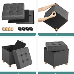 Songmics Sammenklappelig Cube Ottoman opbevaring og fodskammel med træfødder og låg Grå