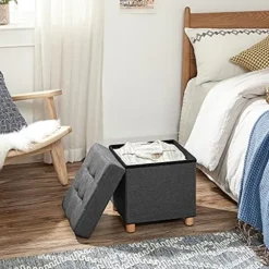 Songmics Sammenklappelig Cube Ottoman opbevaring og fodskammel med træfødder og låg Grå