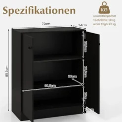 Sort fritstående skænk med justerbare hylder, 72x34x85,5 cm