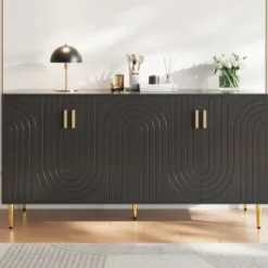 Sort skænk 152x40x75cm - skaftdesign med gyldne håndtag/fødder, elegant til spiseområde Black