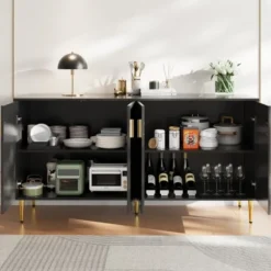 Sort skænk 152x40x75cm - skaftdesign med gyldne håndtag/fødder, elegant til spiseområde Black