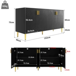 Sort skænk 152x40x75cm - skaftdesign med gyldne håndtag/fødder, elegant til spiseområde Black