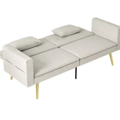 Sovesofa, sovesofa med justerbart ryglæn, sidelomme, polstret 2-personers sofa med sovefunktion, hynder, til stue, soveværelse, beige