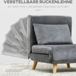 Sovestol klapstol med sengefunktion & puder, gæsteseng med justerbart ryglæn, fløjlslook, op til 125 kg, grå