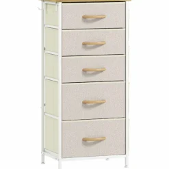Soveværelseskommode med 5 stofskuffer, stålramme, beige