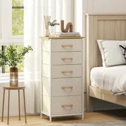 Soveværelseskommode med 5 stofskuffer, stålramme, beige
