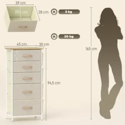 Soveværelseskommode med 5 stofskuffer, stålramme, beige