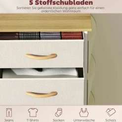 Soveværelseskommode med 5 stofskuffer, stålramme, beige