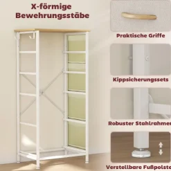 Soveværelseskommode med 5 stofskuffer, stålramme, beige