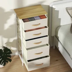Soveværelseskommode med 5 stofskuffer, stålramme, beige
