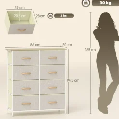 Soveværelseskommode med 8 stofskuffer, stålramme, beige