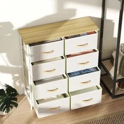 Soveværelseskommode med 8 stofskuffer, stålramme, beige