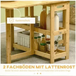 Spisebord Foldebord Spisestuebord Køkkenbord Med Opbevaringsrum Og Justerbare Fødder Landlig Stil Bambus Naturtræ 149,5 X 80 X 73,5 Cm