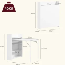 Spisebord klapkøkkenbord med 4-lags hylder til 3 personer, klapbord med anti-tip beskyttelse til små rum, køkken, spisestue, 80 x 90 x 93 cm, hvid