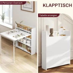 Spisebord klapkøkkenbord med 4-lags hylder til 3 personer, klapbord med anti-tip beskyttelse til små rum, køkken, spisestue, 80 x 90 x 93 cm, hvid