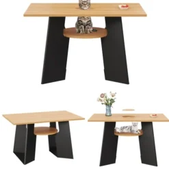 Spisebord med kæledyrsområde og hylde, til 6 personer, 130x85 cm naturtræ/sort mix, kæledyrsvenligt Natural+Black