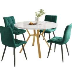 Spisebordssæt, 5 dele, med marmorplade og guldben, 4 ergonomiske velourstole, grøn, moderne rundt design Golden + Green