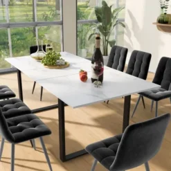 Spisebordssæt med 8 fløjsstole & udtræksbord (140-180x80cm), grå, hvid MDF-plade & sorte ben, moderne White