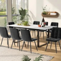 Spisebordssæt med 8 fløjsstole & udtræksbord (140-180x80cm), grå, hvid MDF-plade & sorte ben, moderne White