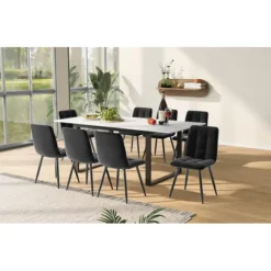 Spisebordssæt med 8 fløjsstole & udtræksbord (140-180x80cm), grå, hvid MDF-plade & sorte ben, moderne White
