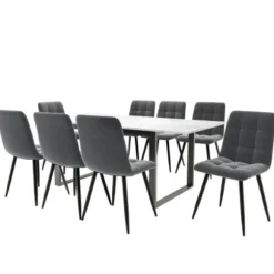 Spisebordssæt med 8 fløjsstole & udtræksbord (140-180x80cm), grå, hvid MDF-plade & sorte ben, moderne White
