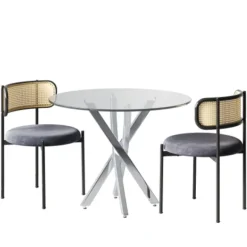 Spisebordssæt med 2 stole & 80x80 cm glasplade - Galvaniserede bordben, grå stole, sølv silver