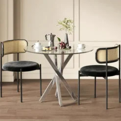 Spisebordssæt med 2 stole og hærdet glas, 80x80 cm, moderne med galvaniserede ben, sort og sølv silver