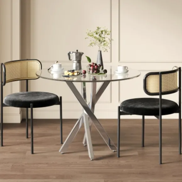 Spisebordssæt med 2 stole og hærdet glas, 80x80 cm, moderne med galvaniserede ben, sort og sølv silver